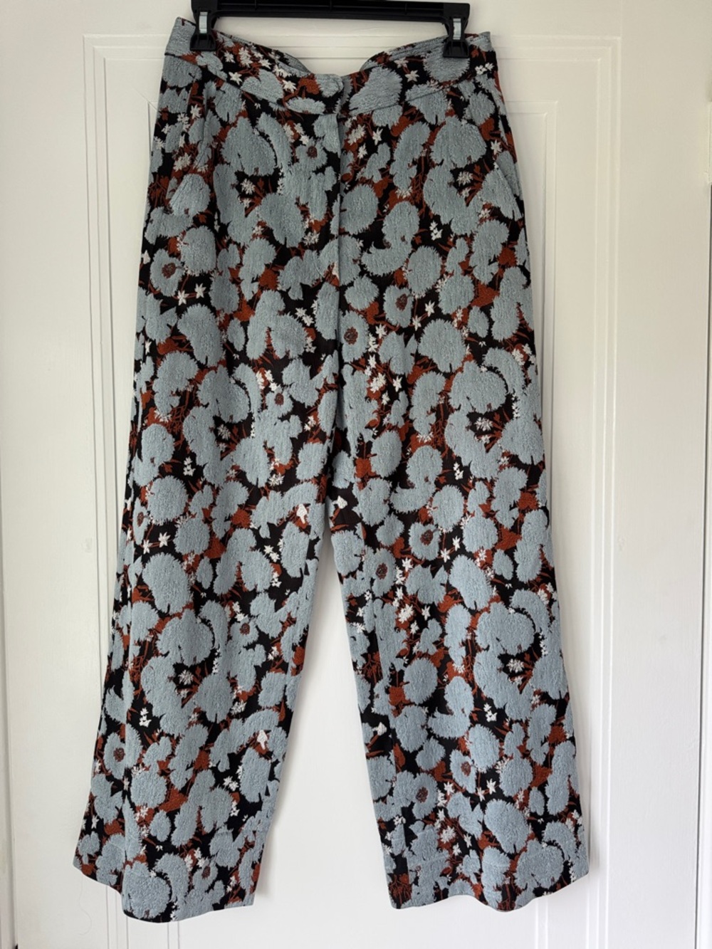 Dries Van Noten 36 Textured Floral Wide-Leg Pants in Light Blue, Rust & Black